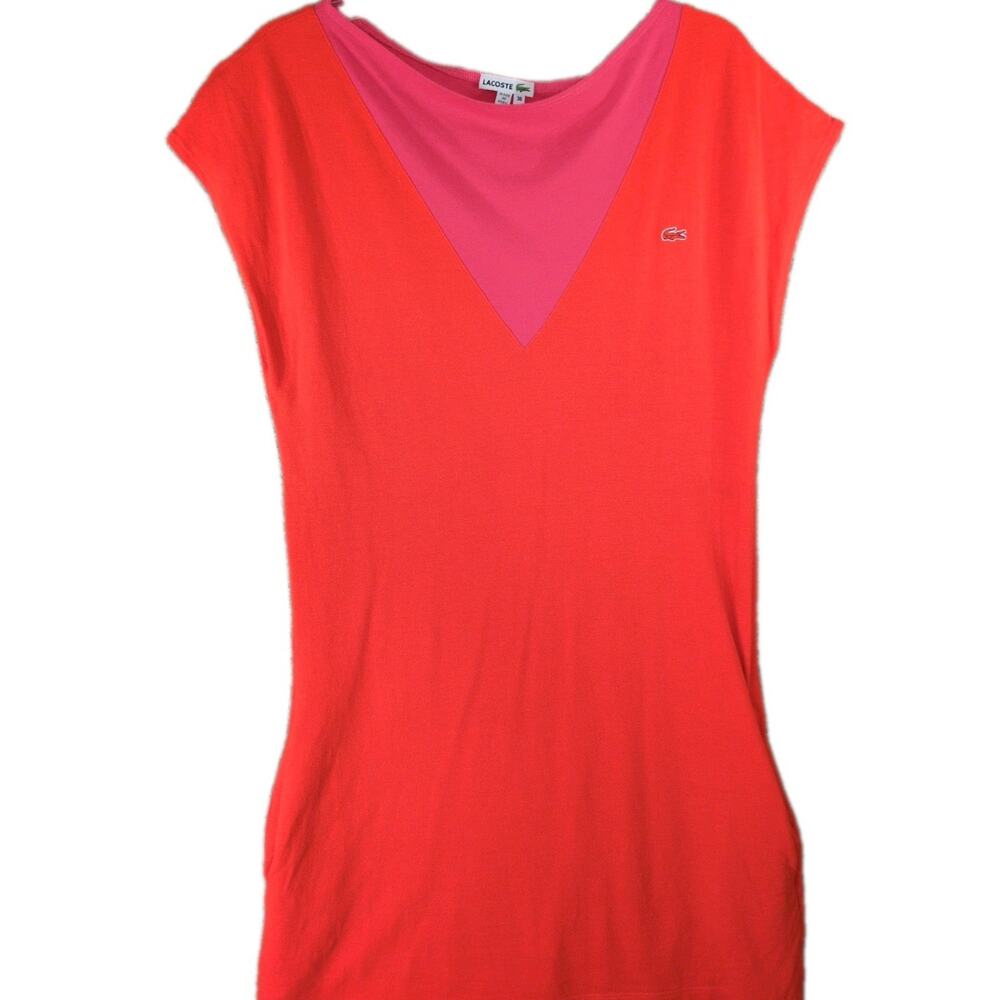 Vintage Lacoste Dress Women’s 36 Red Pink Color Block Cotton 80s Logo Cap Sleeve - Picture 3 of 9